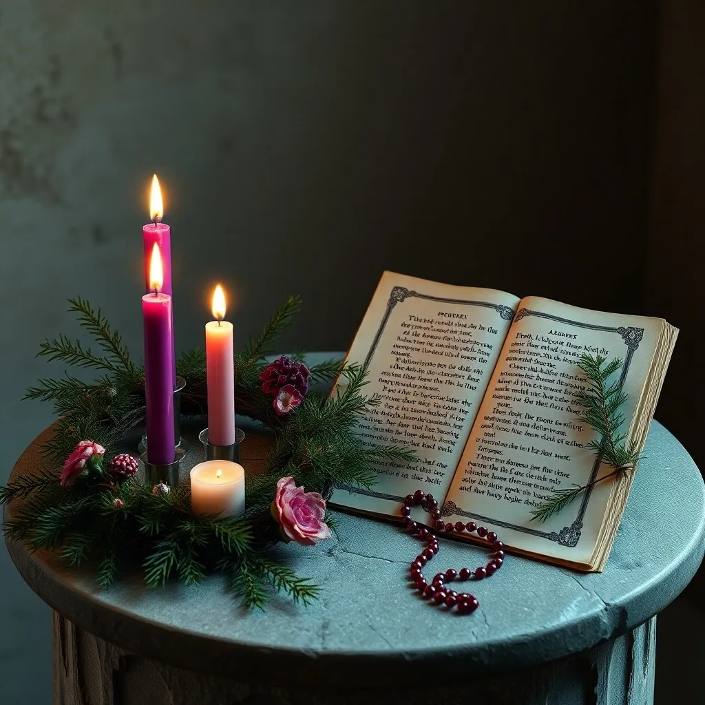 Fotografía cinematográfica de una Biblia antigua abierta sobre una mesa de madera, rodeada de ramas de pino y una vela morada, con iluminación dramática.