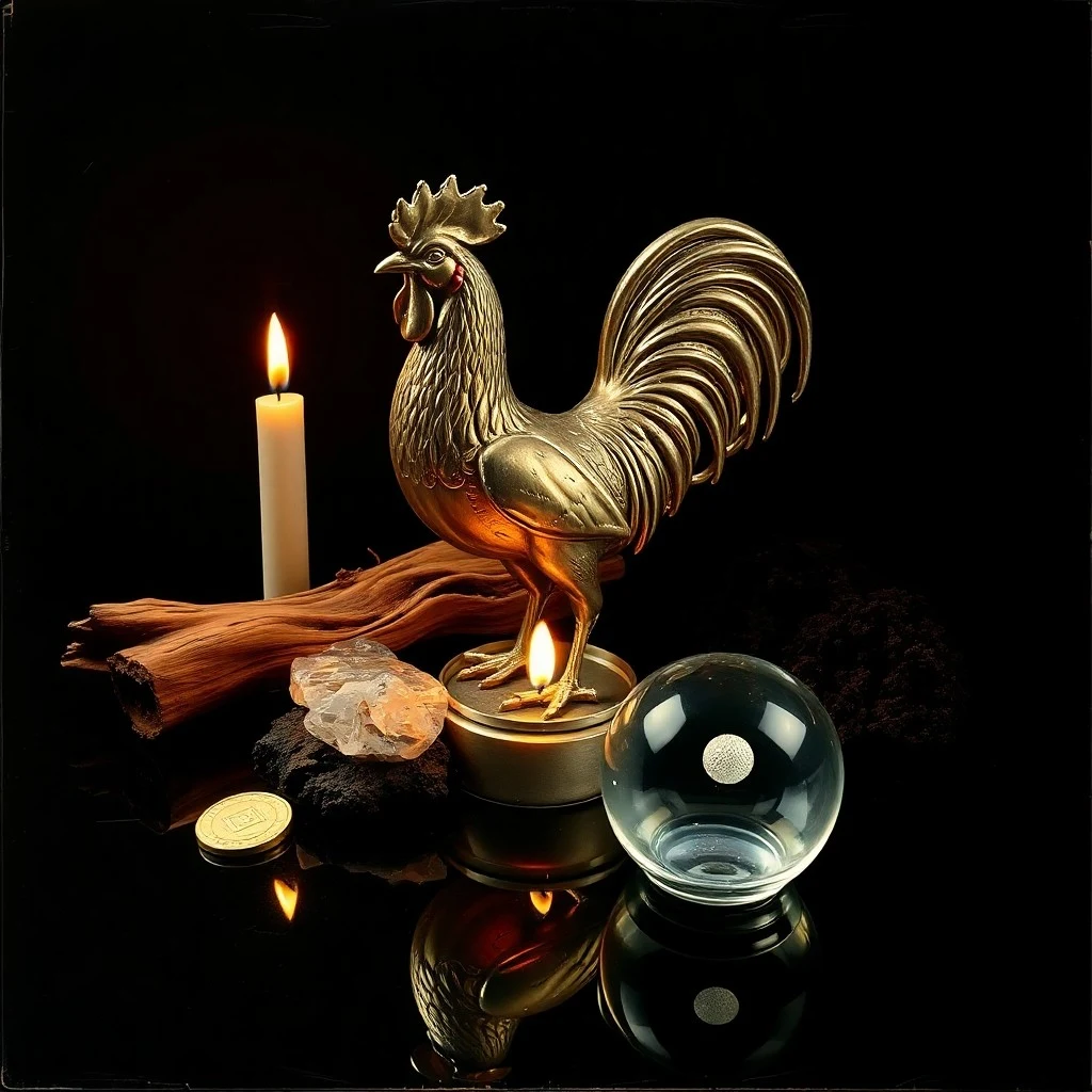 Abstract conceptual art showing a swirling vortex of vibrant elemental colors converging towards a rooster silhouette.