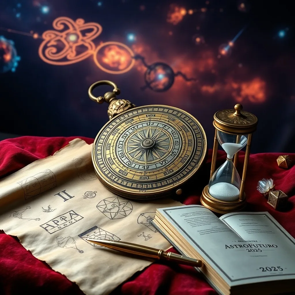 Fotografía cinematográfica de un telescopio antiguo y un almanaque astrológico de 2025 en un escritorio, simbolizando la planificación del futuro.