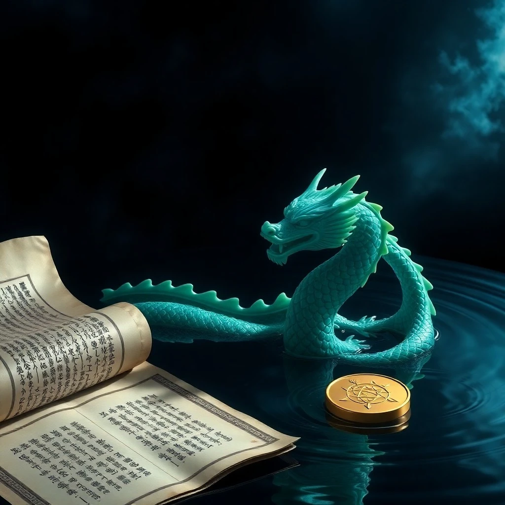 Cinematic still life photography: A collection of ancient Chinese scrolls and a weathered compass resting on a dark, polished wooden table, partially submerged in a shallow pool of reflective water. Soft, dramatic lighting highlights the intricate patterns on the scrolls and the compass's aged brass. A single, delicate lotus flower floats nearby.