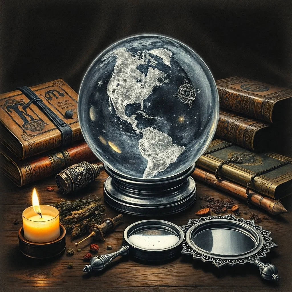 An antique silver-backed scrying mirror reflecting cosmic patterns, with flickering candlelight, macro photography.