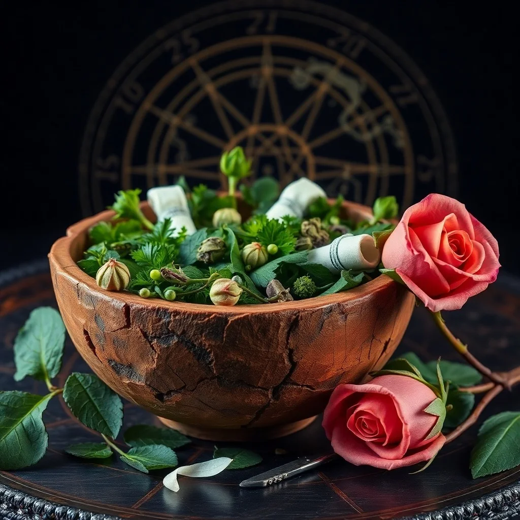 An ancient, worn scroll with faded symbols resting on a polished stone, surrounded by delicate herbs and a glowing crystal, illuminated by ethereal light in a mystical forest setting.