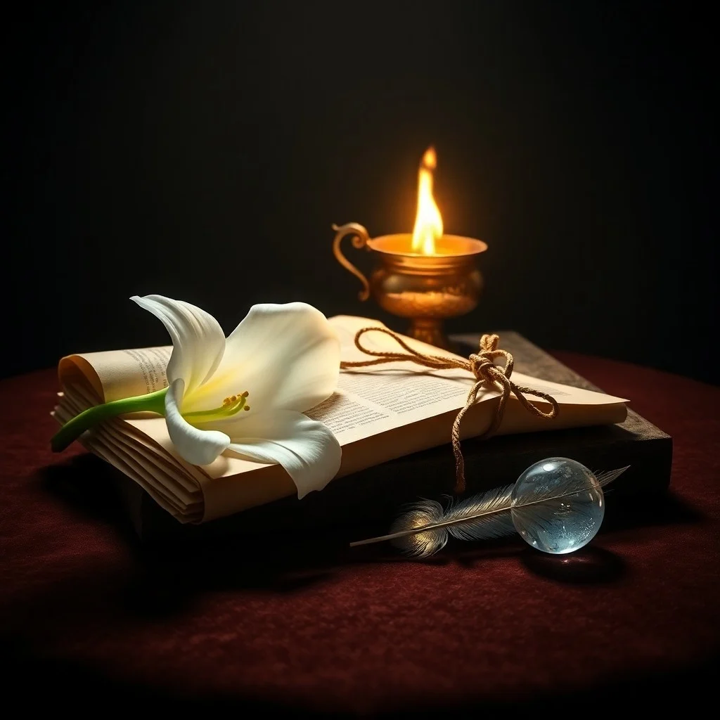 Detalle de un pergamino antiguo con escritura hebrea brillante, rodeado de una luz etérea, simbolizando la revelación divina y el conocimiento sagrado.
