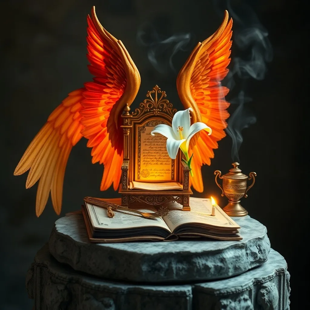 Pintura al óleo de una pluma luminosa y ardiente sobre un altar de piedra, con brasas incandescentes, simbolizando la pureza divina y la presencia angelical.