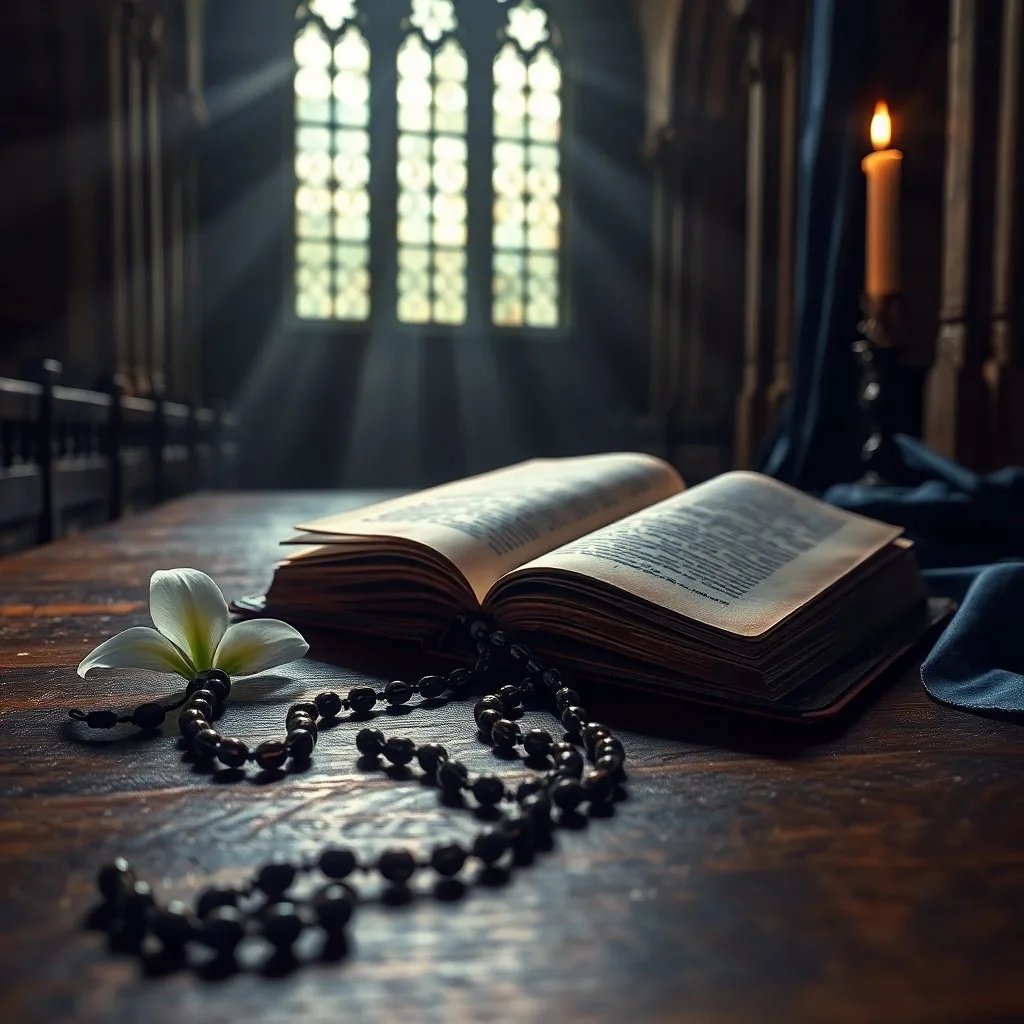 Rosario antiguo sobre una Biblia abierta con una vela encendida, símbolo de meditación y fe.