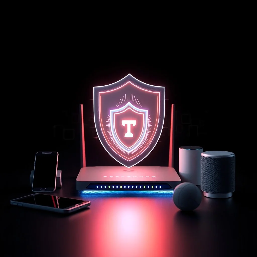 Escritorio vintage con router, laptop y smartphone entrelazados con tendriles rojos de datos, reflejando una sombra de hacker.
