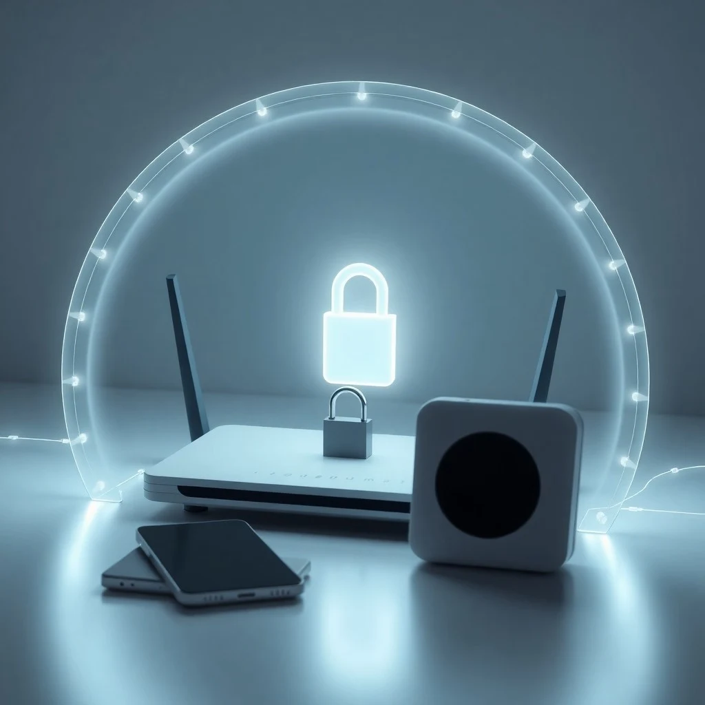 Configuración minimalista con icono de gestor de contraseñas en tablet, logo de antivirus en monitor y candado seguro en enchufe inteligente.