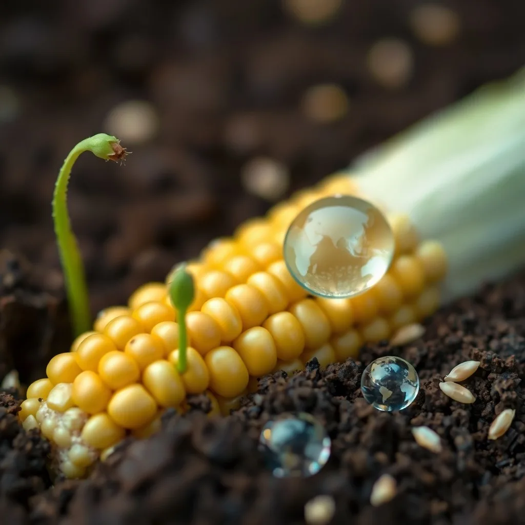 Fotografía macro cinematográfica de tierra agrietada y reseca con un brote marchito, simbolizando la escasez de recursos y el impacto del cambio climático en la agricultura.