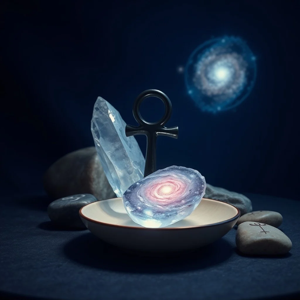 Bodegón cinematográfico: artefactos antiguos sobre un altar de madera, incluyendo una piedra tallada con una espiral, una flor de loto seca y una brújula antigua, bajo una iluminación dramática.