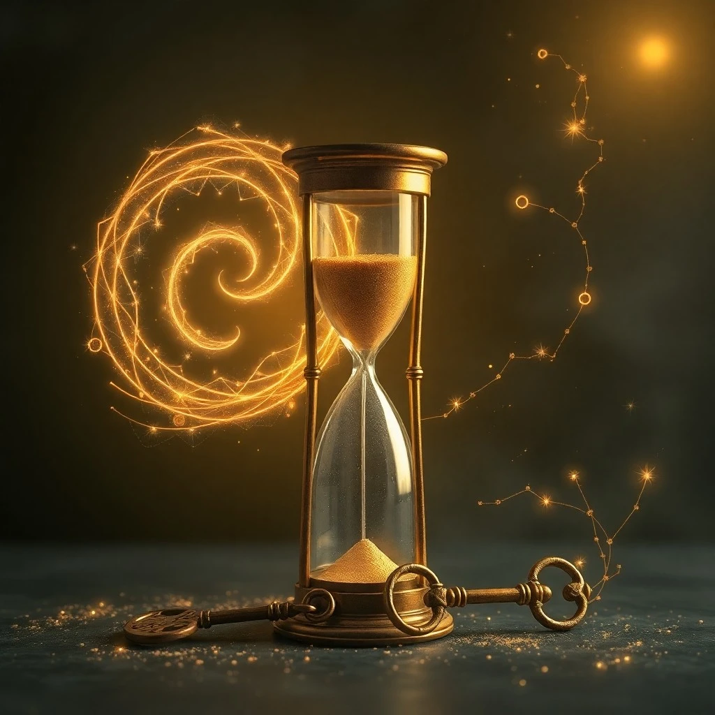 Fotografía cinematográfica de una carta astrológica antigua y cartas de tarot desgastadas sobre una mesa de madera rústica, con una vela parpadeante y un reloj de arena, simbolizando la conexión con vidas pasadas y el karma.