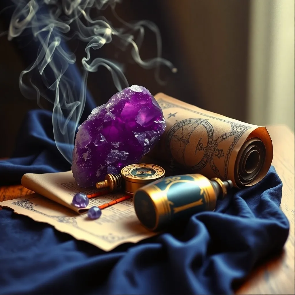 Polished gemstones on velvet next to an ancient scroll with astrological symbols.