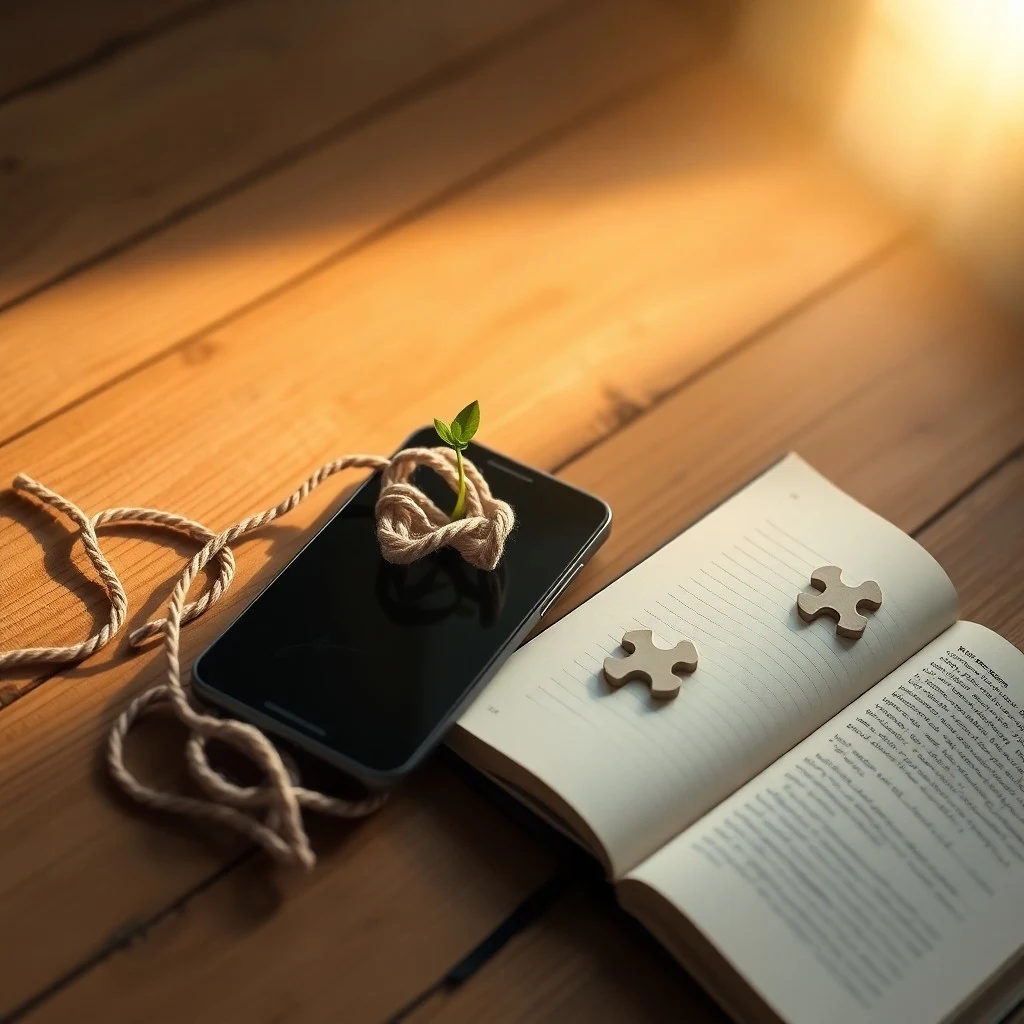 Fotografía de bodegón cinematográfico de un escritorio desordenado con un smartphone, un diario y libros escolares, bajo una luz melancólica.