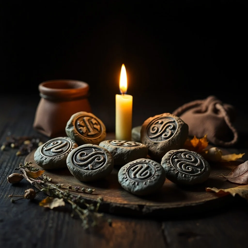Cinematic still life of a leather pouch with wooden runes on an antique map, lit by a candle.