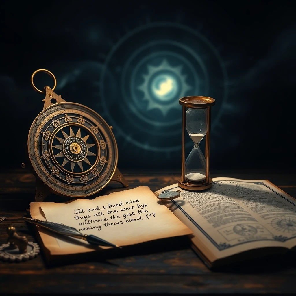 Libro de astrología antiguo con herramientas de escritura
