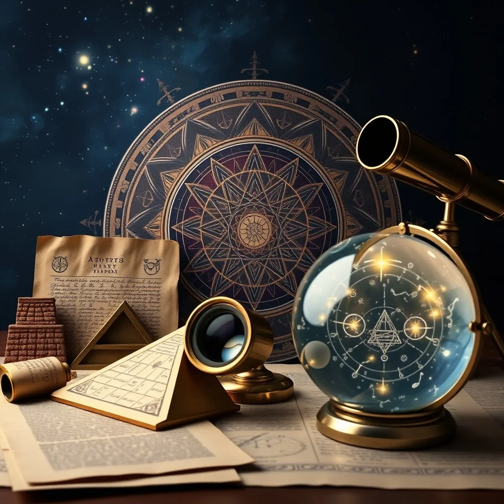 Bodegón cinematográfico de una antigua tablilla cuneiforme sobre una mesa de madera, con instrumentos astronómicos de arcilla y luz de vela.