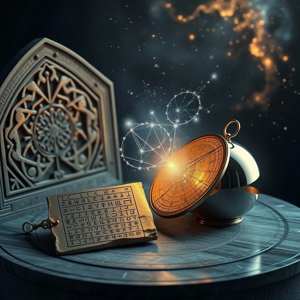 Arte conceptual de una carta astral moderna desplegada en un escritorio minimalista, con una bola de cristal que refleja patrones cósmicos y líneas digitales.