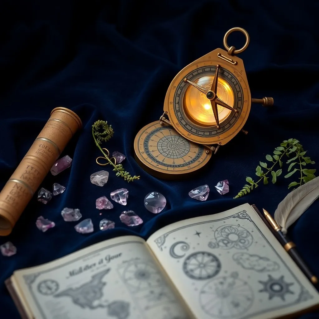 Cinematic still life photography of an antique desk with an open astrology book, a half-finished painting, a palette, and a quill pen, with a crystal ball reflecting constellations.