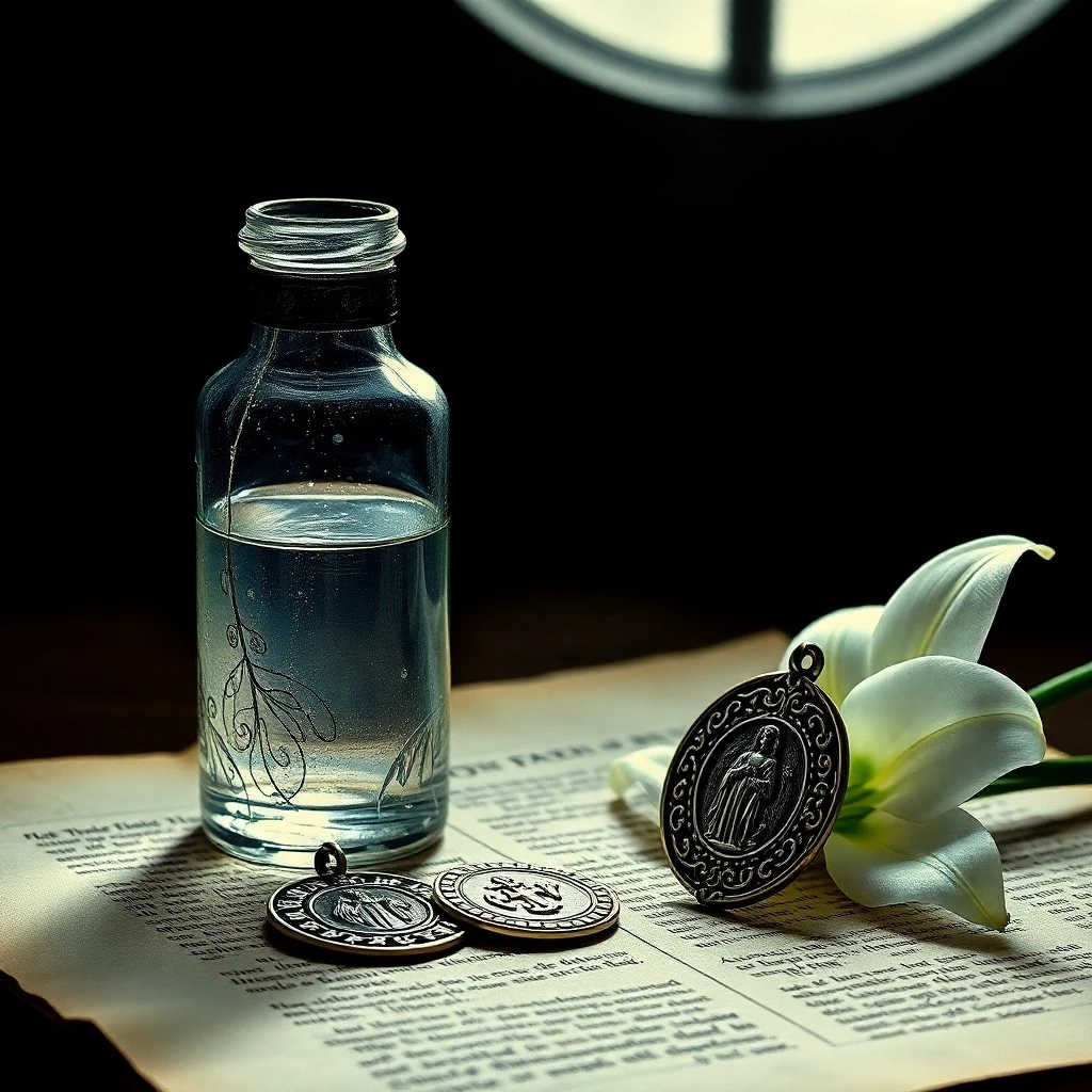 Aspergillum de plata antiguo sobre un paño de altar de terciopelo, con luz filtrándose por un vitral.