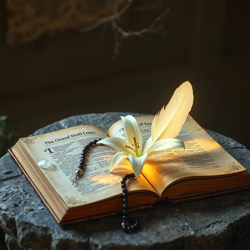 Un libro de oraciones antiguo y desgastado abierto sobre un altar de madera, rodeado por un tenue halo brillante. Una delicada pluma blanca descansa sobre sus páginas, en un espacio sagrado con iluminación evocadora.