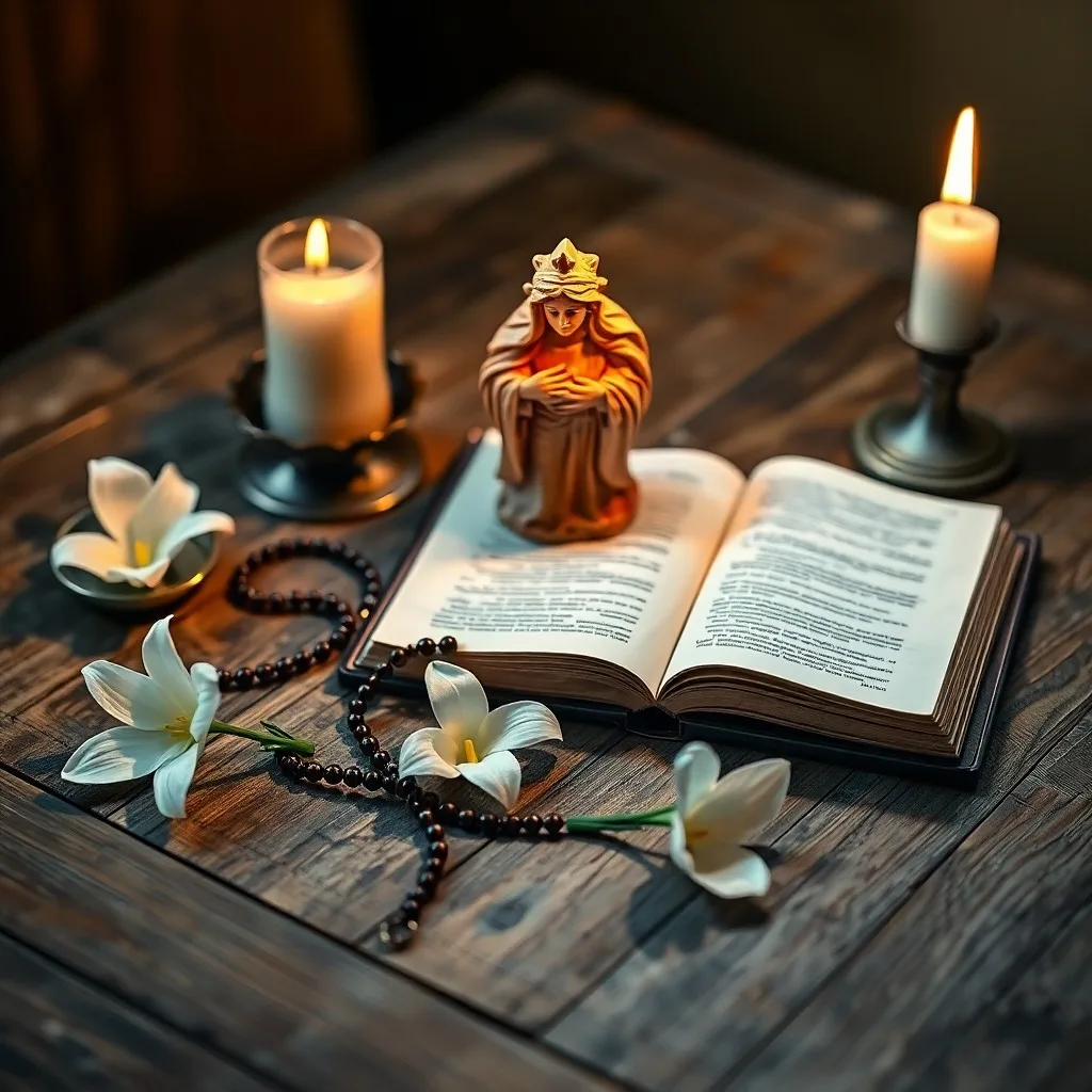 Fotografía de naturaleza muerta, una Biblia familiar abierta, un rosario, un crucifijo y una vela encendida sobre una mesa de madera rústica.