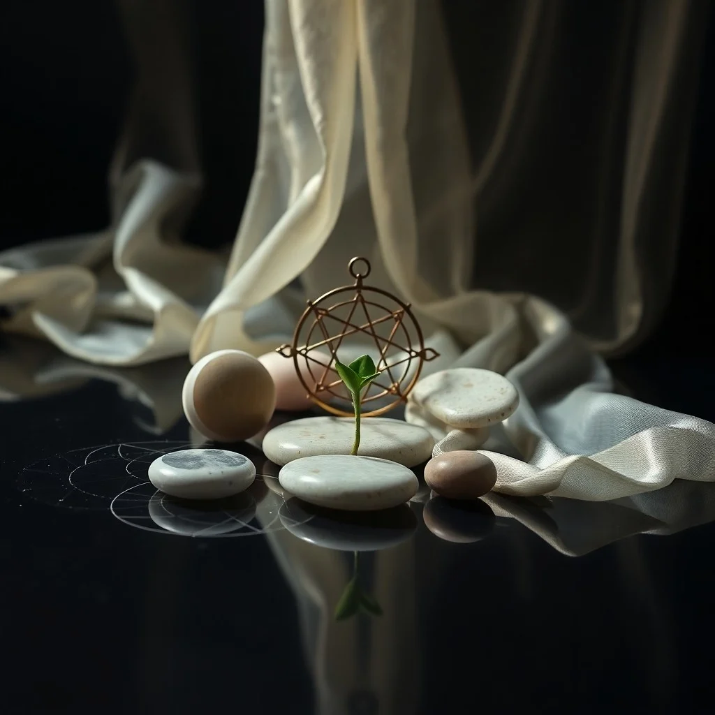 3D render of a stylized, abstract moon sculpture made of polished obsidian, surrounded by glowing, interconnected geometric patterns, representing cosmic energy and spiritual significance.