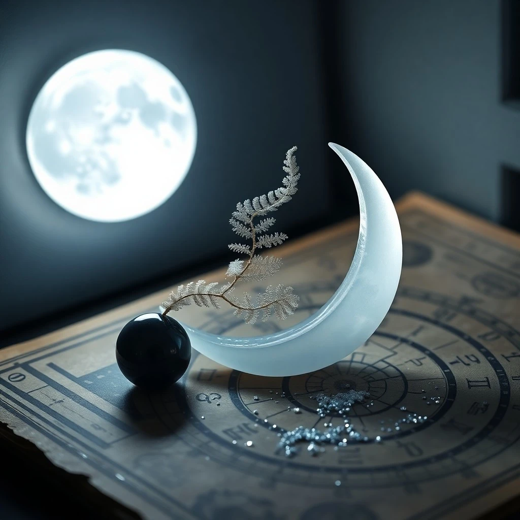 Watercolor painting of a serene night sky with a prominent, luminous full moon, its light gently illuminating a solitary, ancient oak tree. Deep blues, purples, and soft grays create a tranquil and introspective atmosphere.