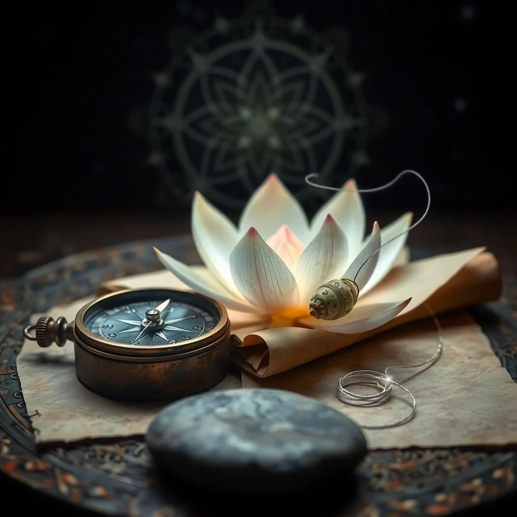 Watercolor painting of an unfurling scroll with abstract symbols of past and future, resting on a polished stone, against cosmic background.