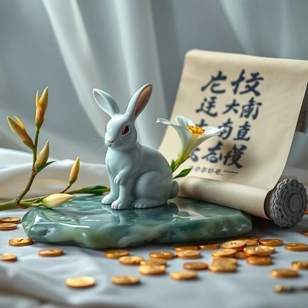 Still-life photo of a vintage diary, a jade rabbit figurine, and a cup of tea on a wooden desk, symbolizing introspection and refined taste.