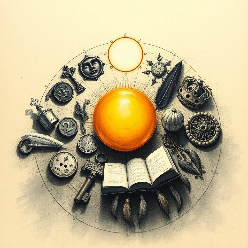 Pintura de acuarela abstracta de flujos de energía vibrantes en tonos amarillos y naranjas, entrelazados con doce formas geométricas translúcidas, simbolizando las casas astrológicas.