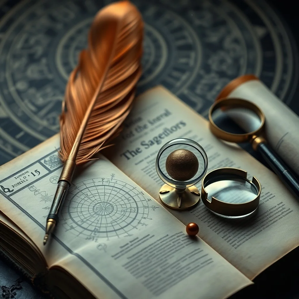 Vintage photograph of an antique typewriter with parchment scrolls and a quill pen.