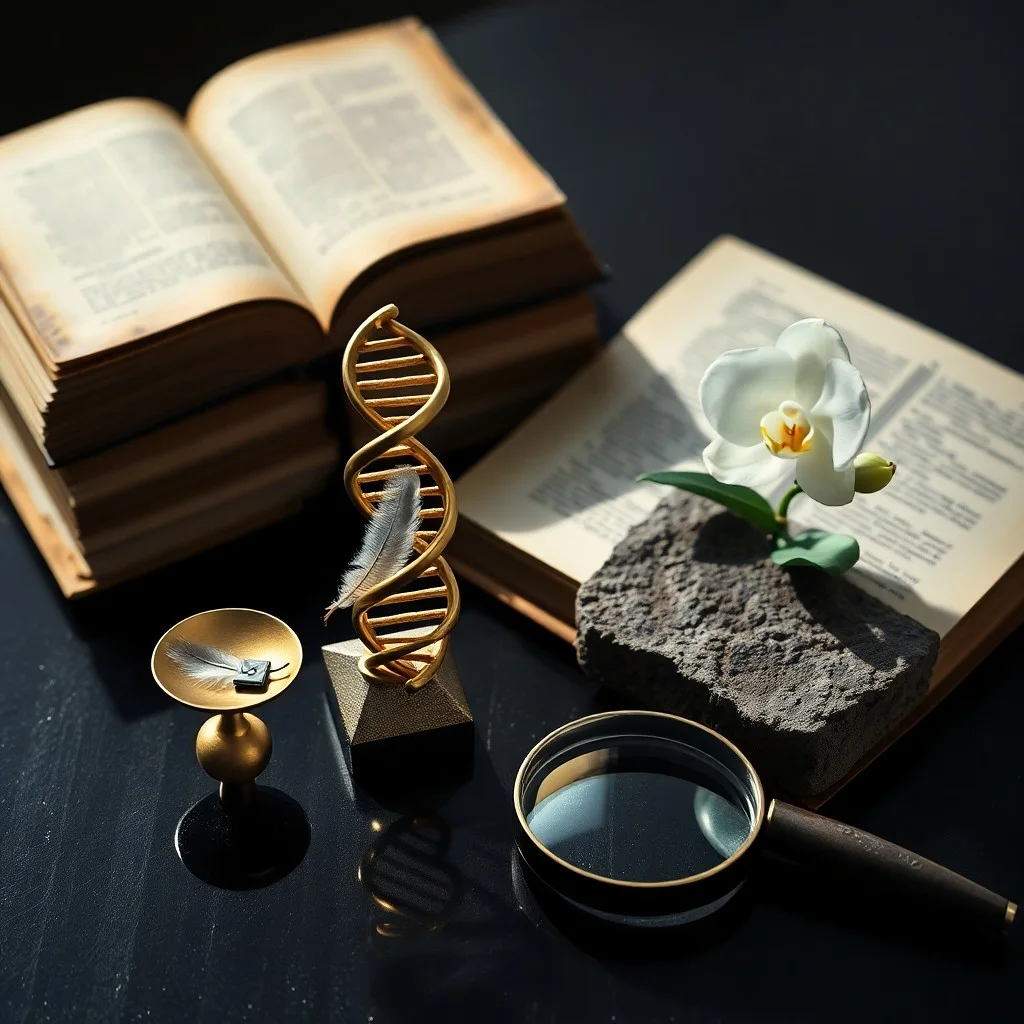 Una imagen cinematográfica de un libro de leyes de cuero abierto junto a un microscopio científico brillante, con placas de Petri dispersas y un modelo genético simbólico, bajo una iluminación dramática.