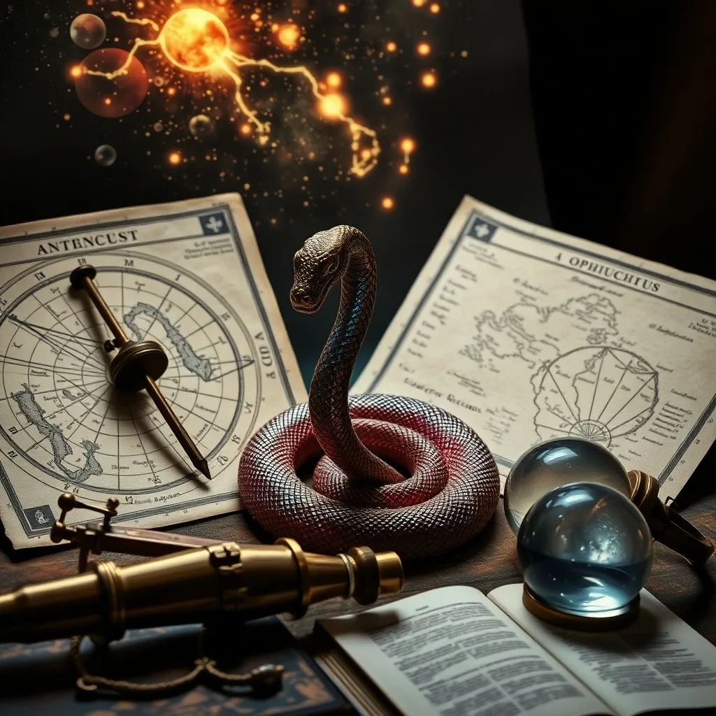 Arte conceptual de la eclíptica como una cinta dorada con doce símbolos zodiacales abstractos y un decimotercero enigmático, Ofiuco, entre la niebla cósmica.