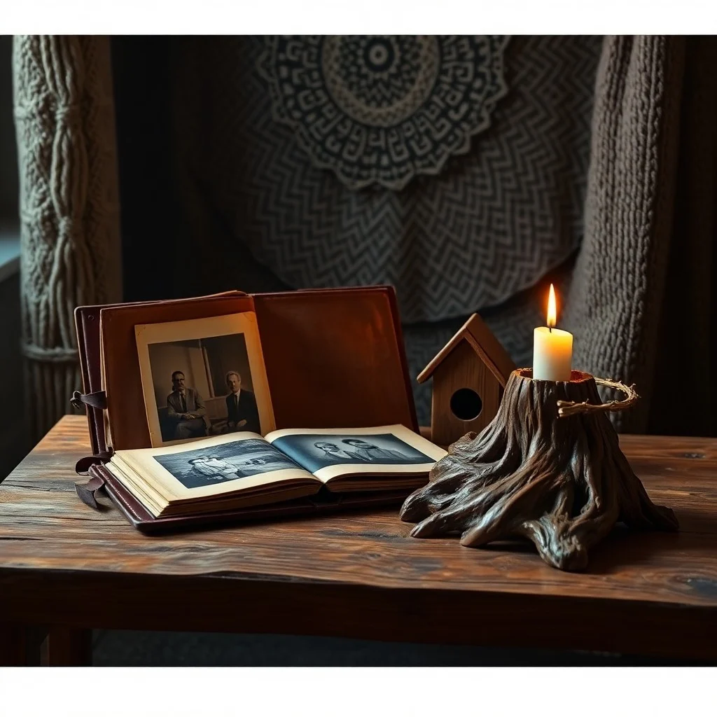 Still life photo of an antique wooden chest with old family photos and a journal, symbolizing ancestral memories.