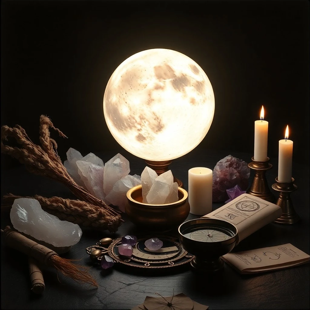 Esfera celestial con constelaciones zodiacales y una flor de loto iluminada por la luna