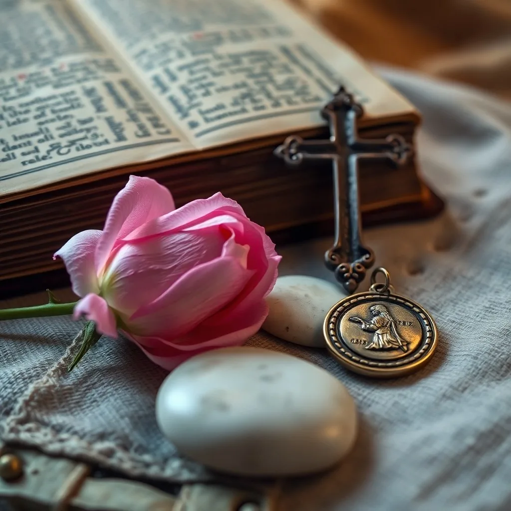 Crucifijo de madera sobre un libro de oraciones antiguo con un pétalo de rosa, simbolizando la fe sencilla y el amor en el camino espiritual.