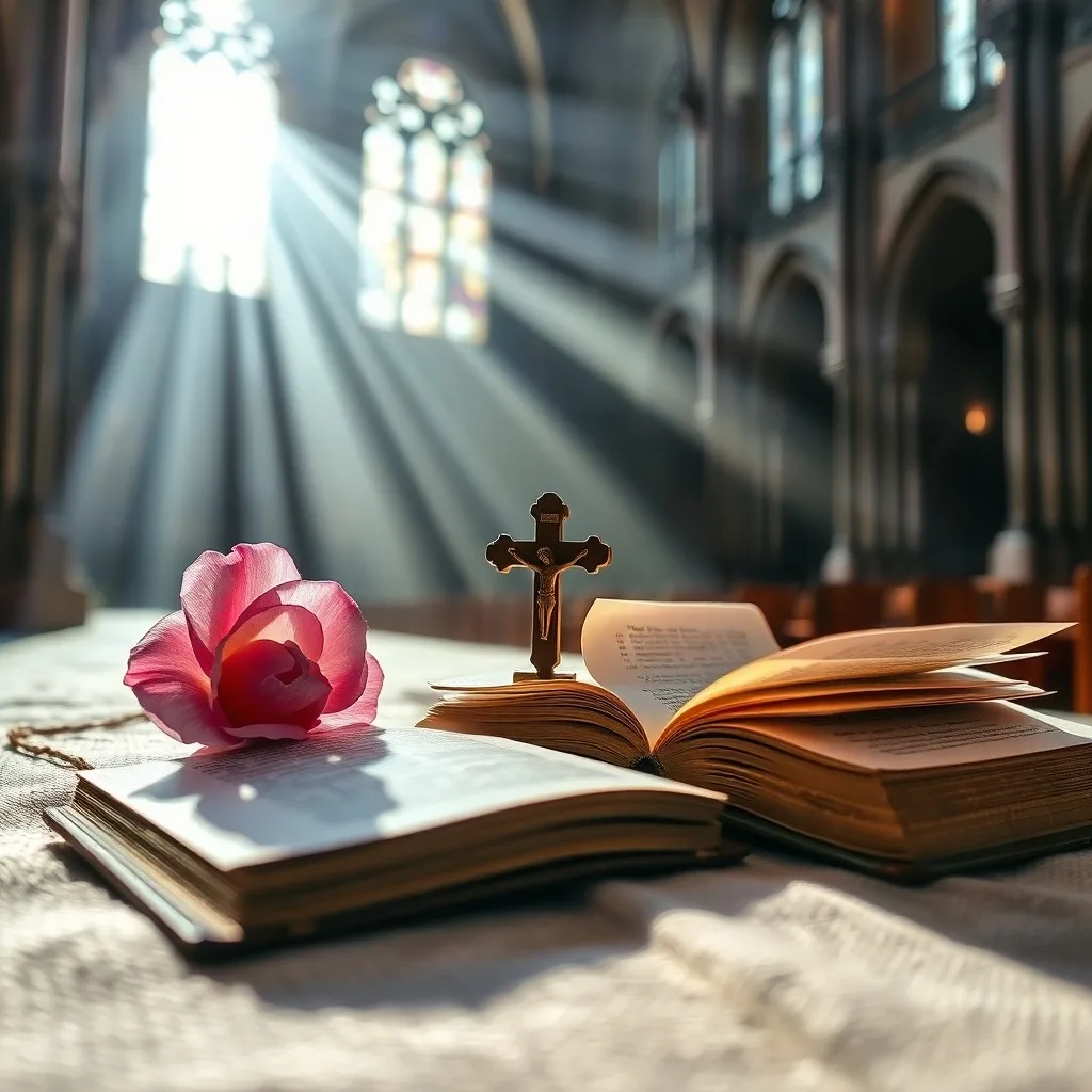 Escritorio rústico con pluma, tintero y cartas atadas, evocando la escritura y las profundas reflexiones espirituales de la santa.