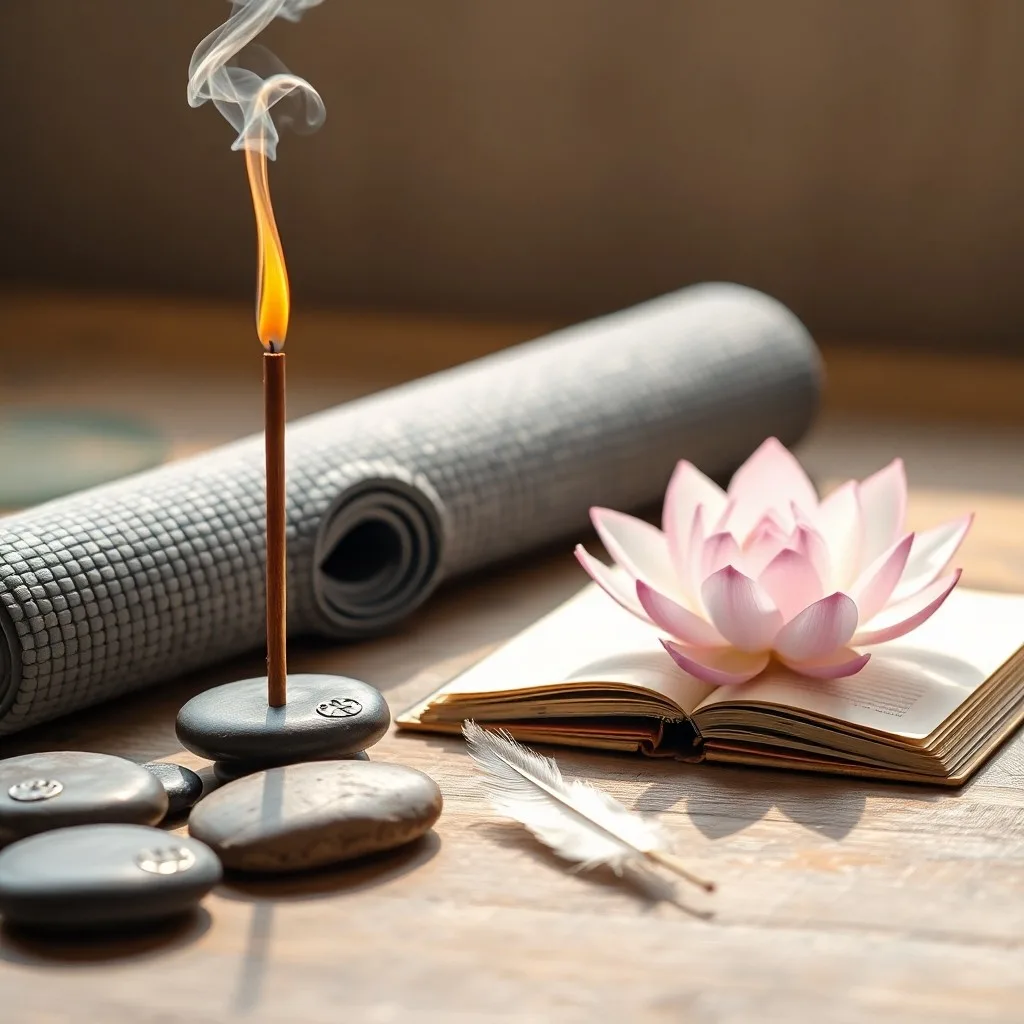 Ilustración isométrica de un cojín de meditación moderno, un orbe brillante de paz interior y auriculares con cancelación de ruido.