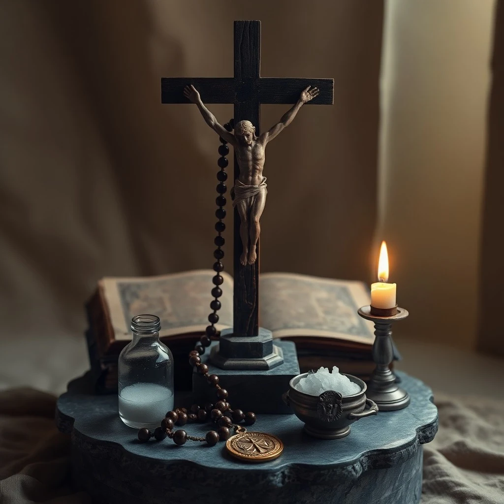 Un rosario de cuentas de madera y un crucifijo de metal antiguo descansan sobre un libro de oraciones abierto, con una pequeña botella de agua bendita al lado, en una composición de naturaleza muerta con iluminación suave.
