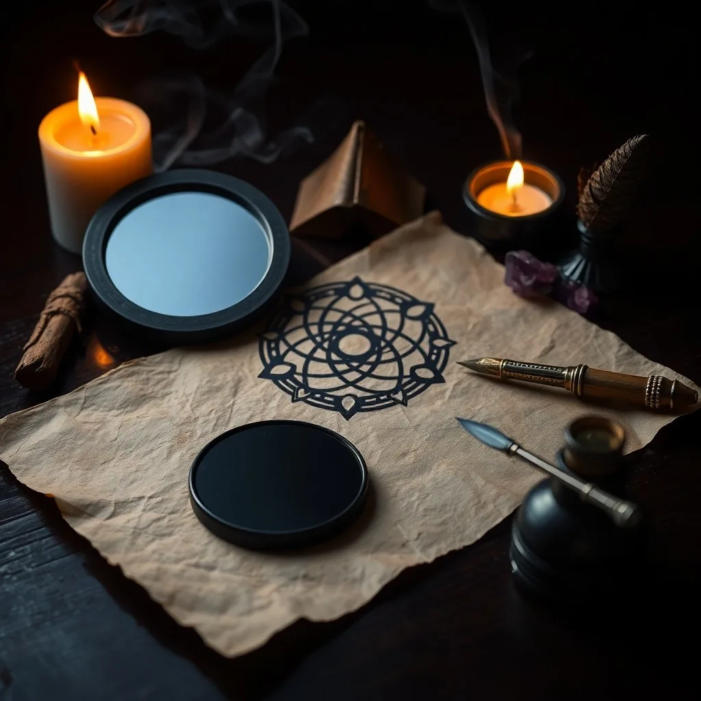An antique wooden desk with a quill pen, a roll of aged parchment, and a small, polished obsidian scrying mirror reflecting a faint, abstract light. The scene is dimly lit by a single, flickering candle, casting long shadows and emphasizing the quiet intensity of esoteric study.