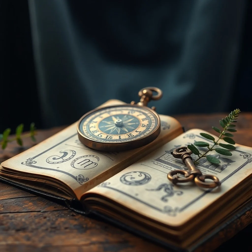 Naturaleza muerta cinematográfica de un astrolabio de latón pulido que refleja la suave luz de las velas, rodeado de cartas de tarot esparcidas y desgastadas, y una pequeña caja de madera intrincadamente tallada. El ambiente es contemplativo y misterioso, con texturas ricas y oscuras y un enfoque selectivo en los detalles metálicos.