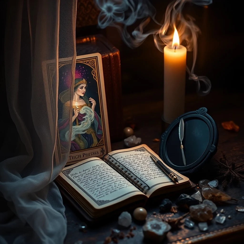 Un escritorio de madera vintage con un diario de cuero abierto, una pluma de ave y una tirada de tres cartas de Tarot antiguas (El Loco, El Mago, La Suma Sacerdotisa), iluminadas por un rayo de luz. Un cristal tallado cerca.