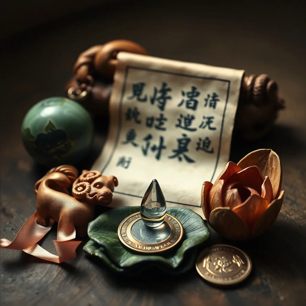 Still life of ancient Chinese naming scrolls and jade pendant