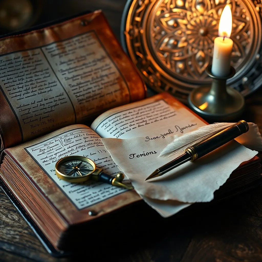 Una antigua mesa de madera oscura, con un libro de matemáticas abierto mostrando ecuaciones complejas. Una pluma de ave y un tintero de cristal están al lado, iluminados por la luz tenue de una vela.
