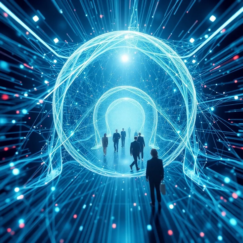 Una ilustración digital 3D de una compleja red de líneas y nodos que se interconectan y vibran sutilmente, con una luz azul brillante emanando del centro, simbolizando la teoría de la elasticidad y la interconexión de conceptos matemáticos.