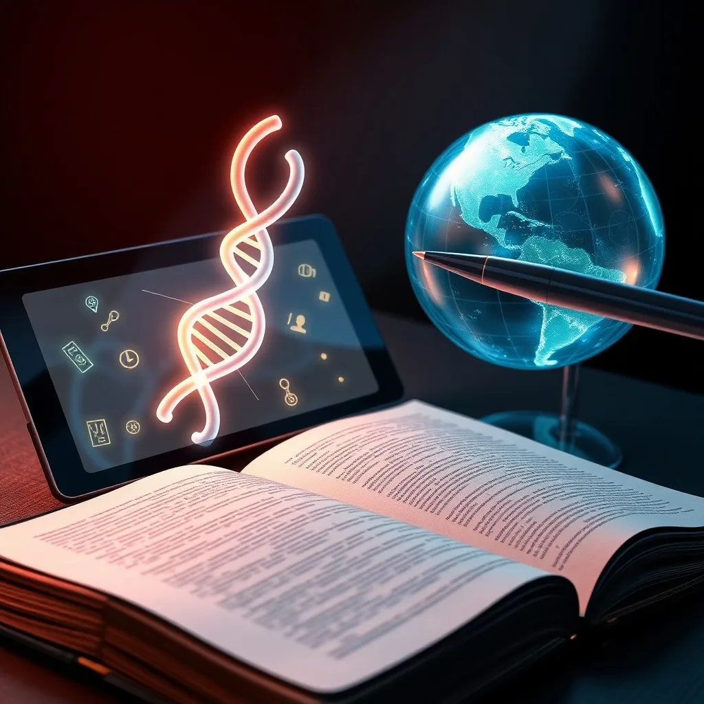 Una composición artística que fusiona un antiguo libro de texto abierto con diagramas científicos y una tablet moderna mostrando un modelo 3D de realidad aumentada del mismo diagrama, junto a unas gafas inteligentes y puntos de datos luminosos.