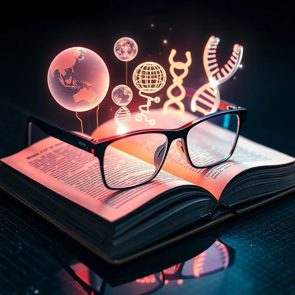 Render 3D abstracto de un entorno de aprendizaje futurista, con formas geométricas interconectadas y flujos de datos luminosos flotando en un espacio digital translúcido. Un libro estilizado emite luz, fusionándose con proyecciones holográficas que forman redes de conocimiento.