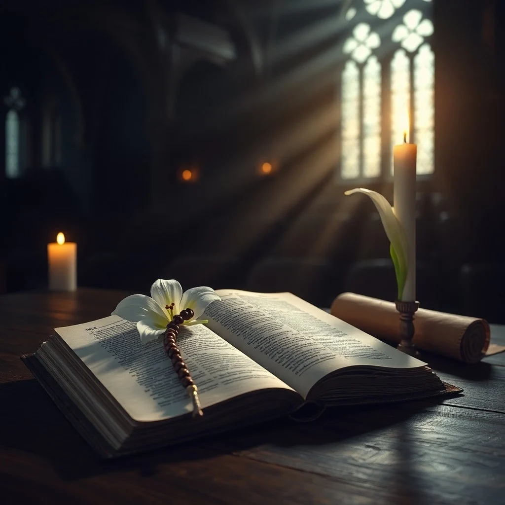 Libro de oraciones abierto con rosario y vela en un altar rústico, estilo bodegón cinematográfico.