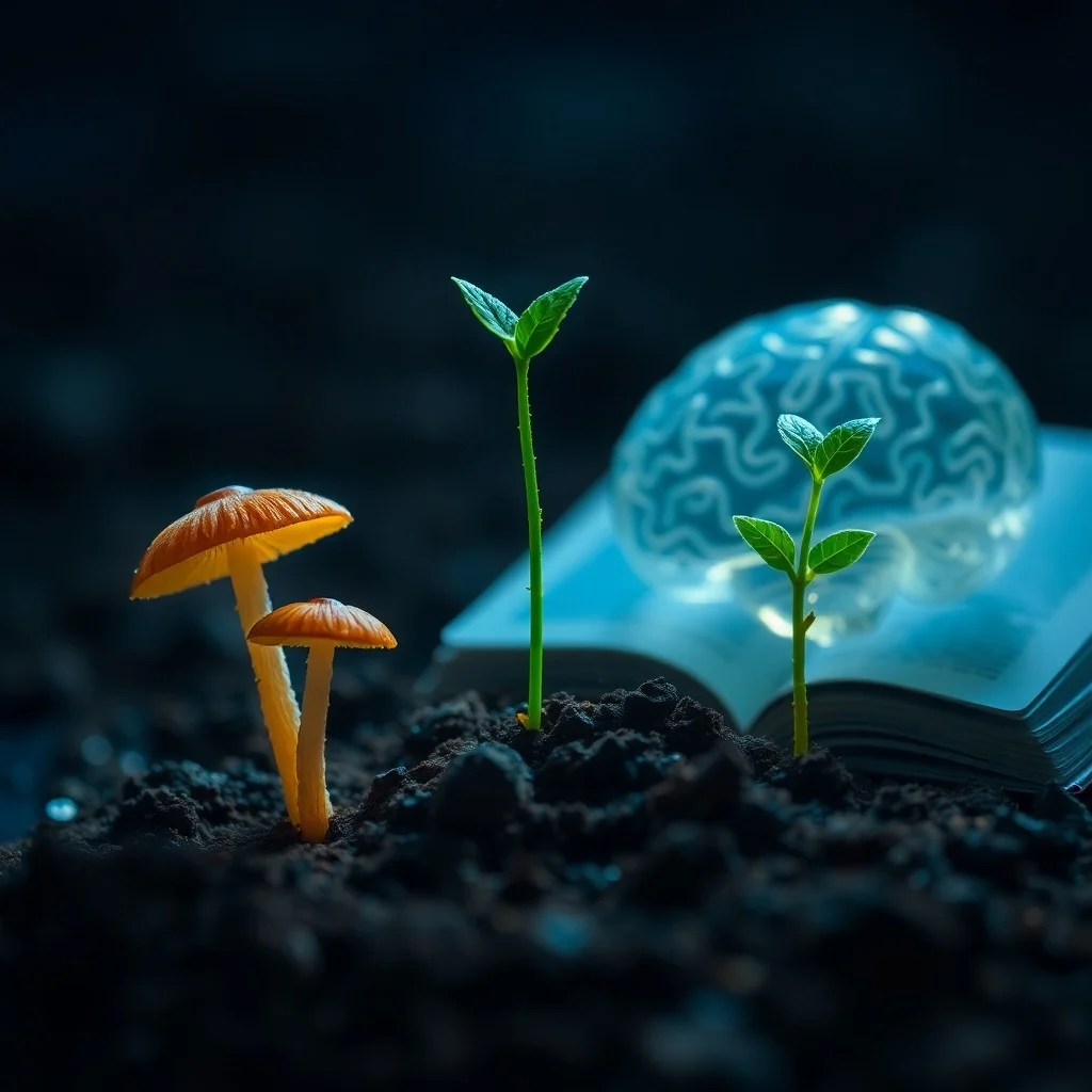 Render 3D de un laberinto mental con formas geométricas y una balanza de la justicia, simbolizando regulación.