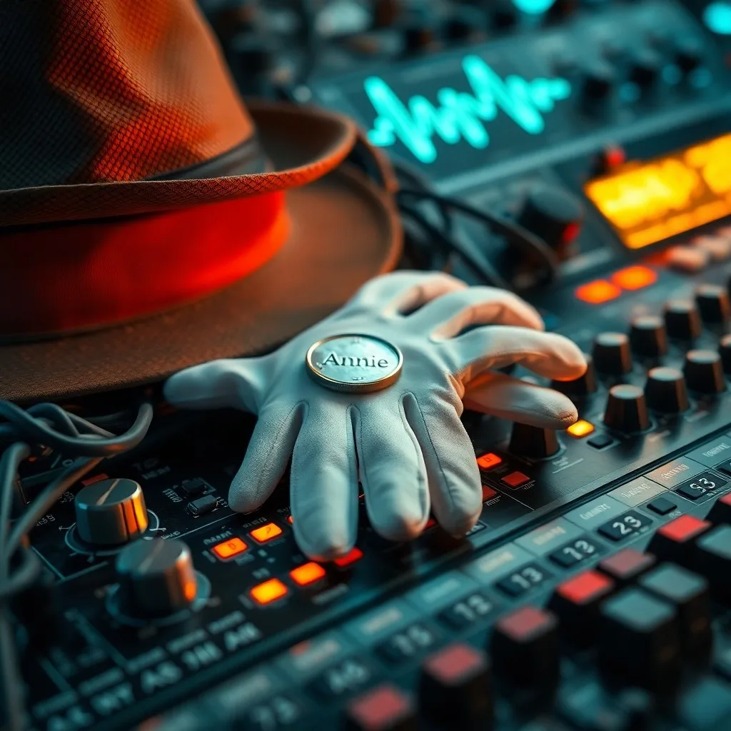 Una consola de mezcla de audio vintage con faders iluminados y medidores VU, rodeada de carretes de cinta analógica y un sombrero fedora solitario, evocando la intrincada ingeniería de sonido del synth-pop de los años 80.