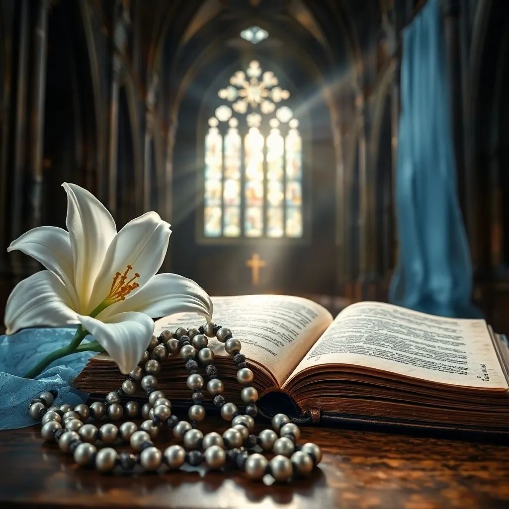 Rosario antiguo y una Biblia abierta sobre un altar de madera, iluminados por velas, con un lirio blanco, simbolizando la devoción y las promesas marianas.